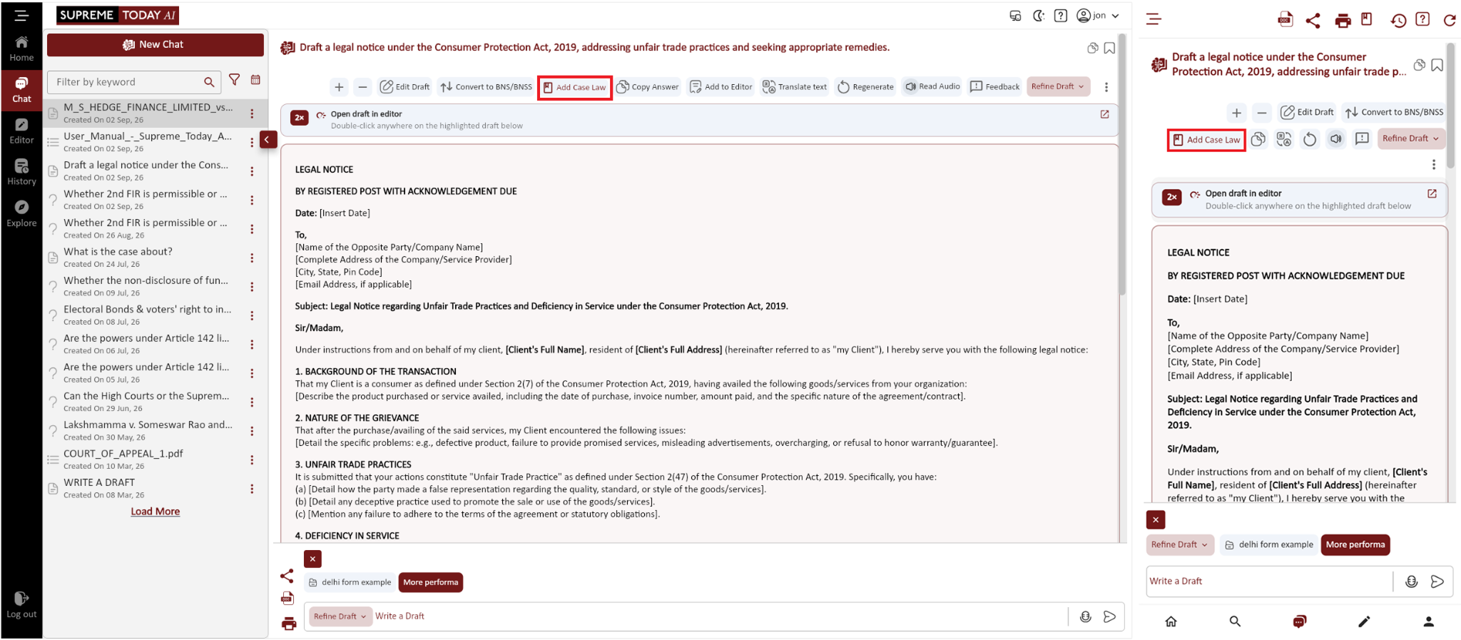 Add Case Law option in a generated draft on desktop and mobile