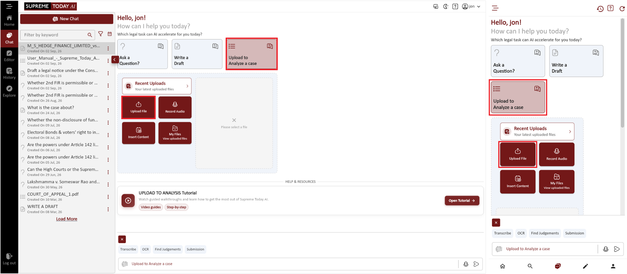 Upload to Analyze a Case for large PDF processing on desktop and mobile