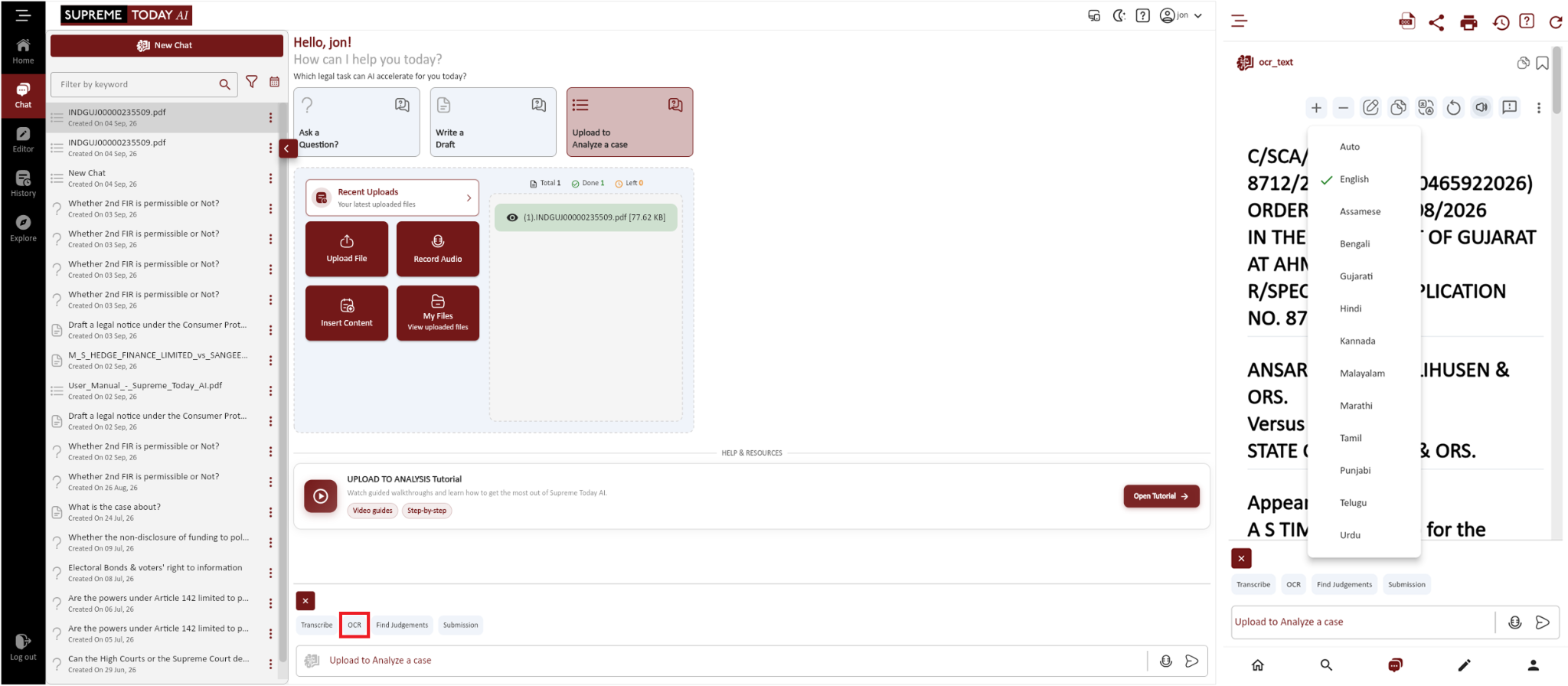 OCR and translation controls for an uploaded document on desktop and mobile